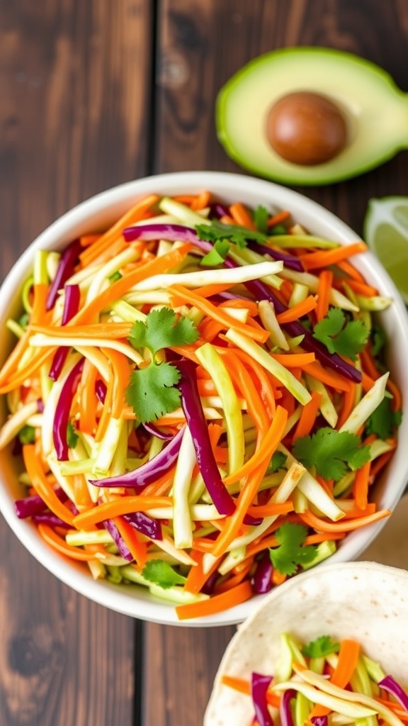 Crispy Cabbage Taco Slaw Recipe A vibrant bowl of cabbage taco slaw with green and red cabbage, carrot, cilantro, and lime dressing, next to soft tacos.